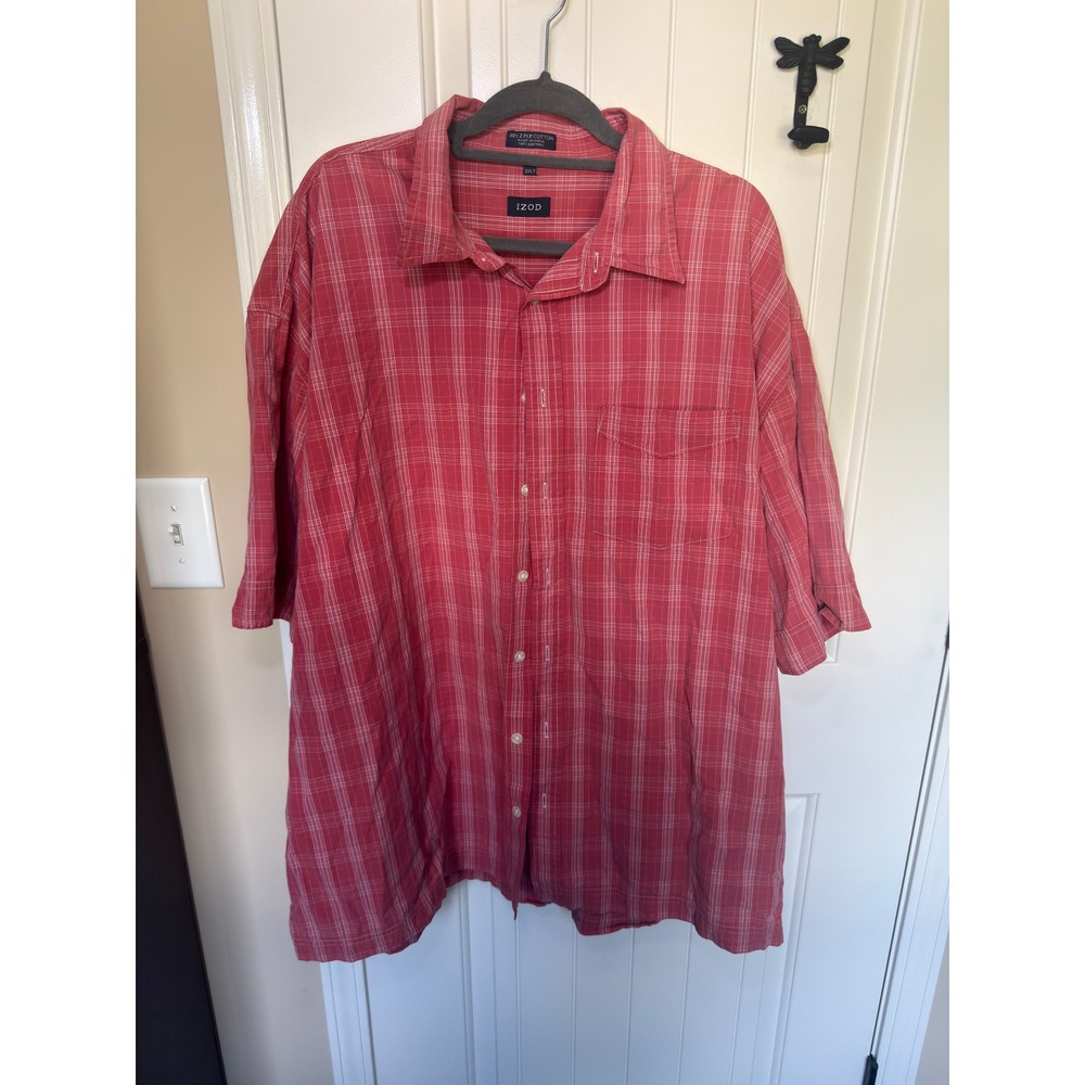 IZOD Mens 3XLT Red Plaid Short Sleeve Button Down Shirt 80s 2 Ply Cotton